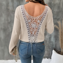 Fashion Crew Neck Long Sleeve Back Floral Jacquard Lace Spliced Ribbed Shirt