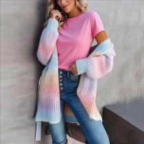 Fashion Rainbow Colorful Batwing Long Sleeve Self-tie Knitted Cardigan