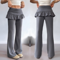 Fashion Mid-rise Ruffle Hemline Mock-two-piece Flared Pants