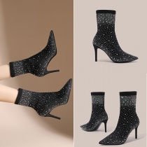 Fashion Bling-bling Rhinestone Pointed-toe High-heeled Ankle Boots