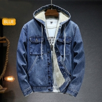 Fashion Warm Plush Lined Old-washed Hooded Denim Jacket for Men