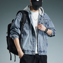 Fashion Long Sleeve Multi-pockets Detachable Hooded Old-washed Denim Jacket for Men