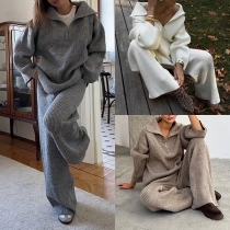 Fashion Loose Knitted Two-piece Set Consist of Half-zipper Sweater and Wide-leg Pants