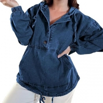 Fashion Front Button Drawstring Hooded Long Sleeve Kangaroo Pockets Drawstring Denim Shirt