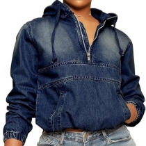Street Fashion Half-zipper V-neck Long Sleeve Drawstring Hooded Kangaroo Pockets Denim Shirt