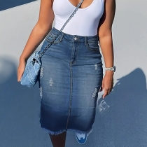 Vintage High-rise Distressed Frayed Hemline Slim-fit Denim Skirt