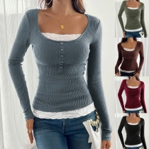 Fashion Lace Spliced Square Neck Front Button Long Sleeve Slim-fit Ribbed Shirt