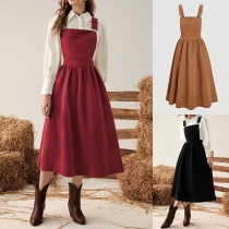 Vintage Solid Color Patch Pockets Elastic Waist Adjustable Suspender Dress