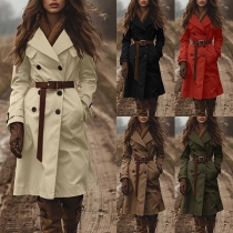 Vintage Solid Color Notch Lapel Double-breasted Long Sleeve Trench Coat (Without Belt)