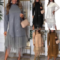 Fashion Mock Neck Long Sleeve Side Zipper Gauze Spliced Hemline Midi Dress