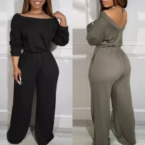 Casual Solid Color Off-the-shoulder High-rise Side Pockets Backless Wide-leg Jumpsuit