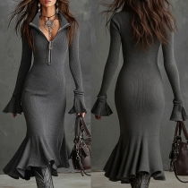 Elegant Half-zipper Long Sleeve Fishtail Hemline Ribbed Bodycon Dress
