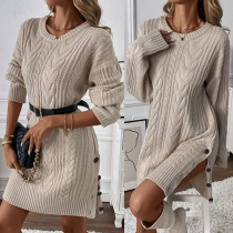 Fashion Crew Neck Side Button Slit Cable Pattern Knitted Sweater Dress