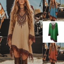 Vintage Floral Printed V-neck Long Sleeve Tassel Irregular Hemline Dress