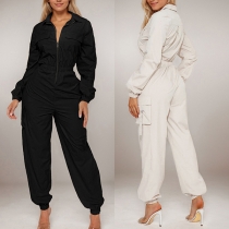 Fashion Stand Collar Half-zipper Multi-pockets Long Sleeve Jumpsuit