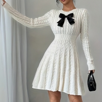 Fashion Crew Neck Long Sleeve Front Bowknot Cable Knitted Sweater Dress
