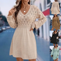 Women's V-Neck Long Sleeve Scallop Knit Sweater Dress