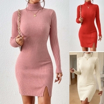 Fashion Solid Color Turtleneck Long Sleeve Side Slit Ribbed Dress