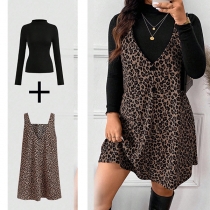 Fashion Two-piece Set Consist of Leopard Printed Suspender Dress and Black Shirt