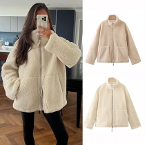 Fashion Front Zipper Stand Collar Long Sleeve Big Pockets Plush Jacket