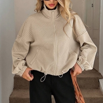 Fashion Stand Collar Long Sleeve Drawstring Hemline Texture Crop Jacket