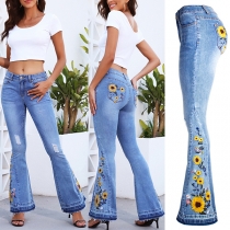 Fashion Floral Embroidered Wide-leg Old-washed Denim Jeans