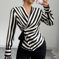 Fashion Contrast Color Stripe Printed V-neck Long Sleeve Wrap Shirt
