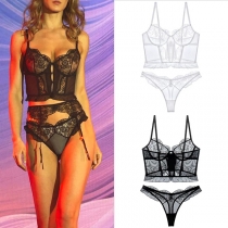 Fashion Corset-style Semi-through Lace Two-piece Lingerie Set