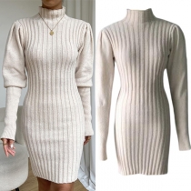 Fashion Mock Neck Long Sleeve Ribbed Sweater Dress