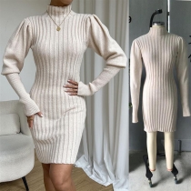 Fashion Mock Neck Long Sleeve Ribbed Sweater Dress