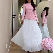 Elegant Two-piece Set Consist of Back Lace-up Shirt and Pleated Maxi Skirt