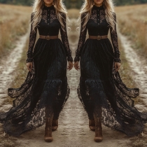 Elegant Front Button Long Sleeve Maxi Lace Dress