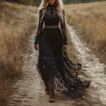 Elegant Front Button Long Sleeve Maxi Lace Dress