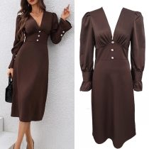 Elegant Solid Color V-neck Puff Long Sleeve High-rise Dress