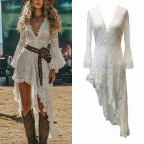Vintage V-neck Long Sleeve Irregular Hemline Semi-through Lace Dress