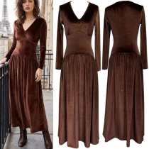 Elegant Solid Color V-neck Long Sleeve High-rise Ruched Maxi Dress