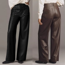 Fashion High-rise Rivet Patch Pockets Straight-cut Artificial Leather PU Pants