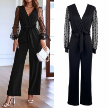 Fashion V-neck Dot Printed Gauze Spliced Long Sleeve Self-tie Jumpsuit