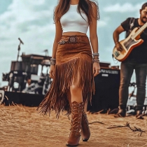 Vintage High-rise Tassel Irregular Hemline Skirt