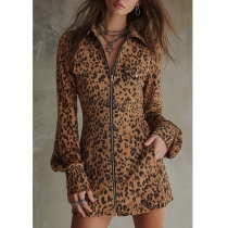 Fashion Leopard Print Zip-Front Faux Suede Shirt Dress