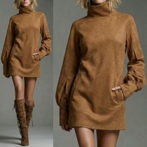 Mock Neck Long Sleeve Side Patch Pockets Mini Dress