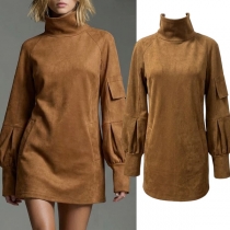 Mock Neck Long Sleeve Side Patch Pockets Mini Dress