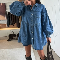 Fashion Stand Collar Lantern Sleeve Front Button Denim Dress