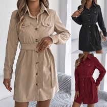 Casual Stand Collar Long Sleeve Front Button Self-tie Corduroy Shirt Dress