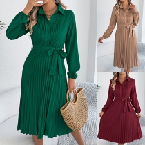 Fashion Stand Collar Long Sleeve Self-tie Pleated Dress
