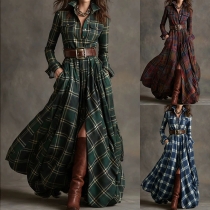 Vintage Stand Collar Long Sleeve Front Slit Plaid Maxi Dress with Belt
