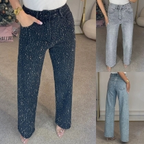 Fashion Bling-bling Rhinestone High-rise Straight-cut Denim Jeans
