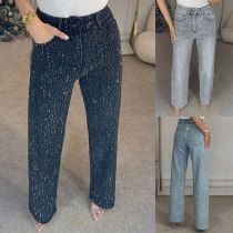 Fashion Bling-bling Rhinestone High-rise Straight-cut Denim Jeans