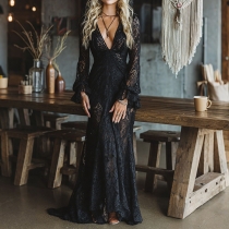 Elegant V-neck Trumpet Long Sleeve High-rise Maxi Lace Dress