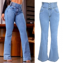 Fashion High-rise Elastic Waist Straight-cut Denim Jeans